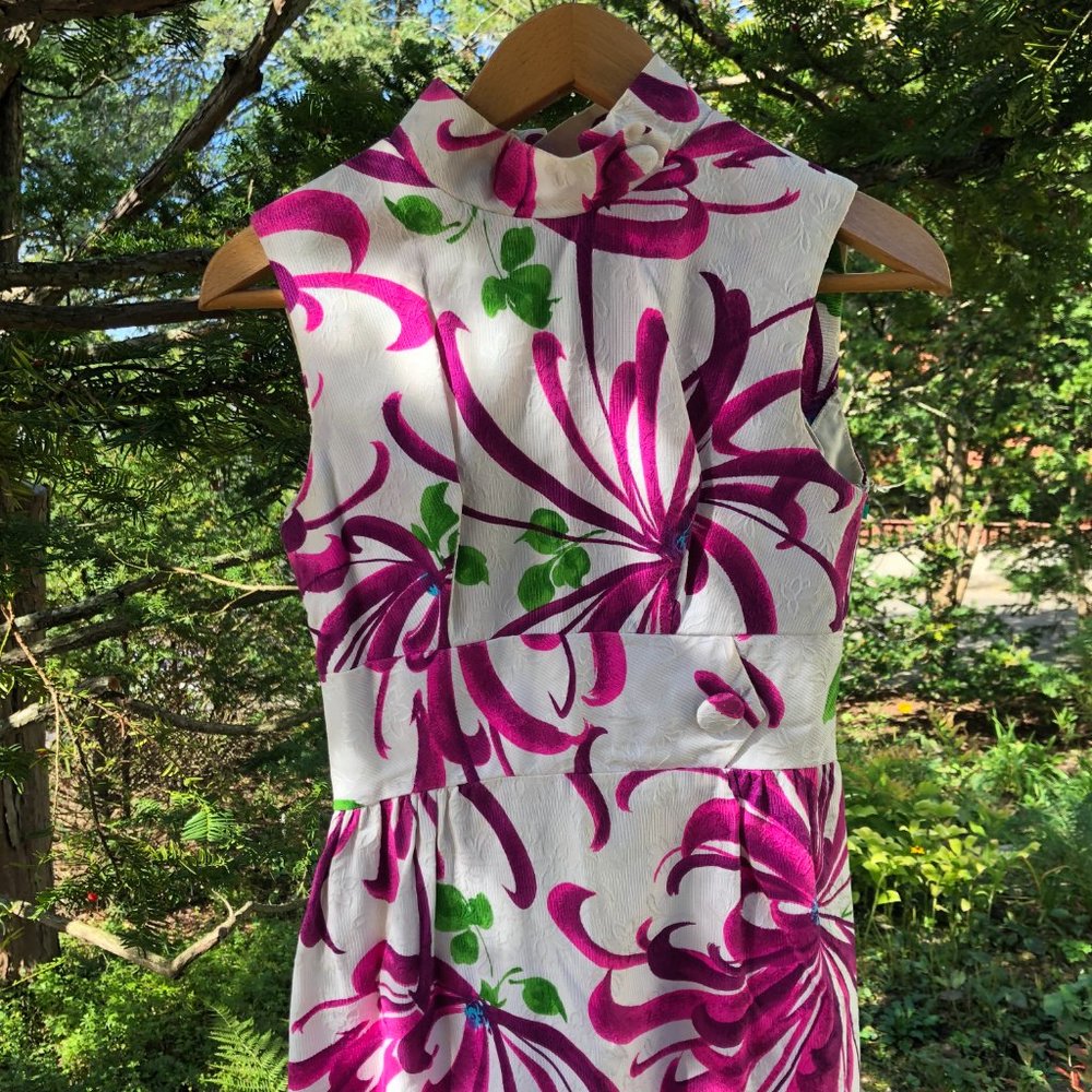 Vintage 60s Evelyn Margolis Hawaiian Floral Barkcloth Formal Maxi Dress XXS/XS - Picture 12 of 17